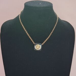 Vintage Monet Black Gold Tone Logo Square Pendant Necklace Rolo Chain Choker